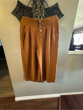 High-Waist Pleated Wide Leg Capris in Rust